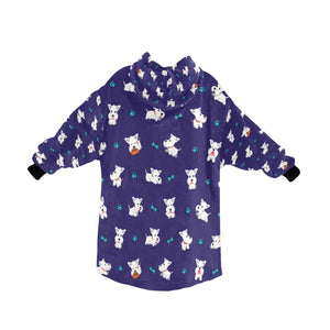 image of a purple colored west highland terrier blanket hoodie for kids  - back view