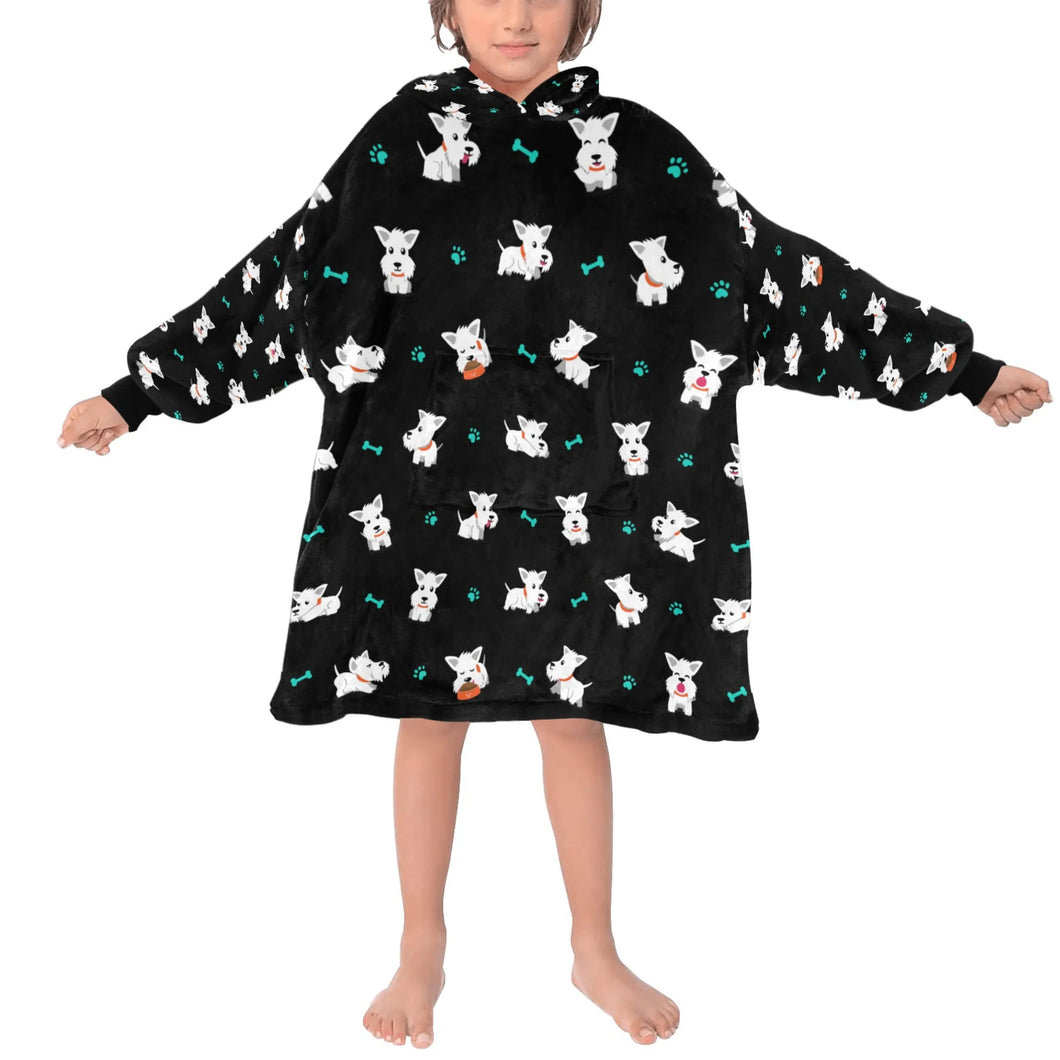 image of a kid wearing a west highland terrier blanket hoodie for kids - black
