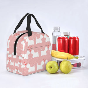 Image of an insulated Westie lunch bag in pink and white color and in infinite West Highland Terrier design