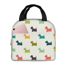 Load image into Gallery viewer, Image of an insulated Westie lunch bag with exterior pocket in multicolor