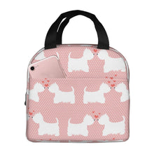 Load image into Gallery viewer, Image of an insulated Westie lunch bag with exterior pocket in pink and white color