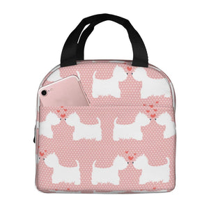 Image of an insulated Westie lunch bag with exterior pocket in pink and white color