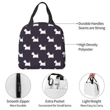 Load image into Gallery viewer, Information detail image of an insulated Westie lunch bag in black and white color and in infinite West Highland Terrier design