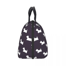 Load image into Gallery viewer, Side image of Westie lunch bag in the cutest infinite West Highland Terriers design