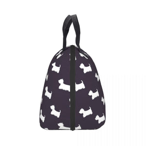 Side image of Westie lunch bag in the cutest infinite West Highland Terriers design