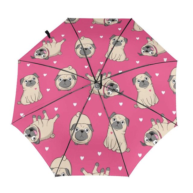 It's Raining Pugs Automatic Umbrellas-Accessories-Accessories, Dogs, Pug, Umbrella-Pink - Inside Print-3