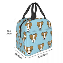 Load image into Gallery viewer, Image of the size of an insulated Jack Russell Terrier lunch bag with exterior pocket in infinite Jack Russell Terrier design