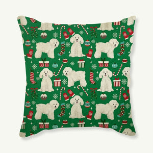 Image of a green color Maltese Cushion Cover in Merry Christmas Maltese and Christmas ornaments design