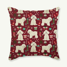 Load image into Gallery viewer, Image of a red color Maltese Cushion Cover in Merry Christmas Maltese and Christmas ornaments design
