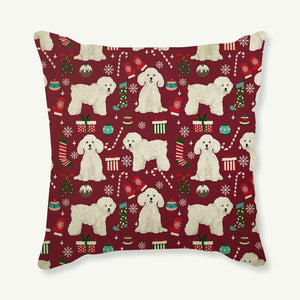 Image of a red color Maltese Cushion Cover in Merry Christmas Maltese and Christmas ornaments design