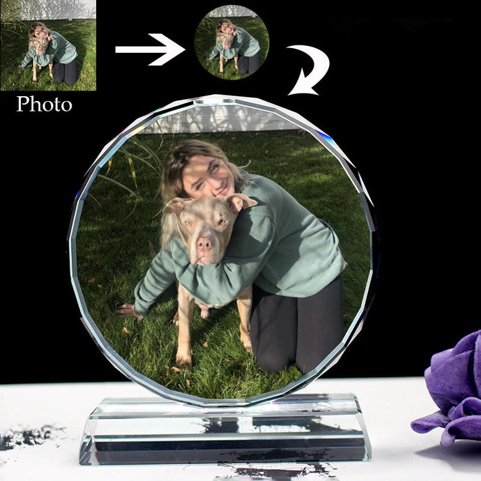 Image of a personalized dog gift ornament made of crystal with an image of a girl and her dog