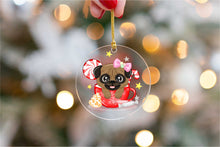 Load image into Gallery viewer, Merry Apricot Pug Christmas Tree Ornaments-Christmas Ornament-Christmas, Dogs, Pug-Inside Red Cup with Candies and wearing Pink Bow Headband-5
