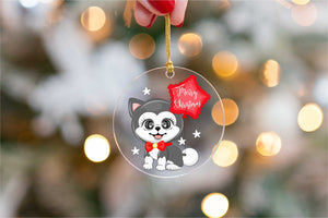 Merry Black Husky Christmas Tree Ornaments-Christmas Ornament-Christmas, Dogs, Siberian Husky-Sitting Husky with Merry Christmas Balloon-4