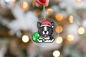 Merry Border Collie Christmas Tree Ornaments-Christmas Ornament-Border Collie, Christmas, Dogs-Sitting with Santa Hat and Green Bag - Transparent-4