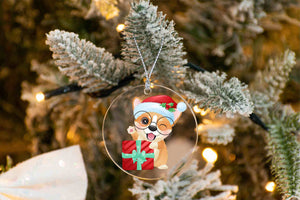 Merry Corgi Christmas Tree Ornaments-Christmas Ornament-Christmas, Corgi, Dogs-Corgi wearing Santa Hat with Present-3