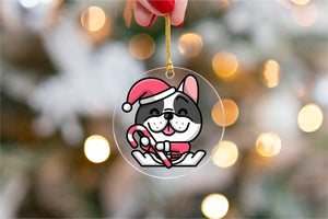 Merry Frenchies Christmas Tree Ornaments-Christmas Ornament-Christmas, Dogs, French Bulldog-Holding a Hockey Stick and Wearing Santa Cap - Pied Black and White Frenchie-3