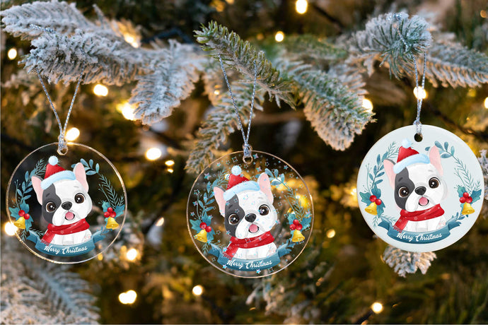 Merry Pied Black and White French Bulldog Christmas Tree Ornament-Christmas Ornament-Christmas, Dogs, French Bulldog-1