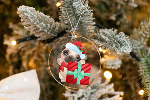 Merry Pug Christmas Tree Ornaments-Christmas Ornament-Christmas, Dogs, Pug-Pug waving from behind Gift Box-5