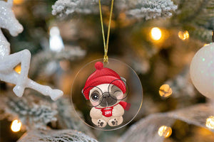 Merry Pug Christmas Tree Ornaments-Christmas Ornament-Christmas, Dogs, Pug-Pug wearing Red Beanie and Drinking Coffee-7