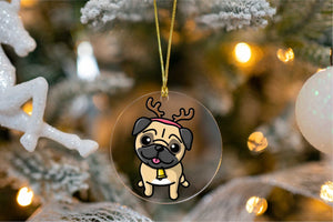 Merry Santa Hat Pug Christmas Tree Ornaments-Christmas Ornament-Christmas, Dogs, Pug-With Reindeer Horns-3
