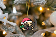 Load image into Gallery viewer, Merry Santa Hat Pug Christmas Tree Ornaments-Christmas Ornament-Christmas, Dogs, Pug-Waving with Santa Hat and Green Bone-4