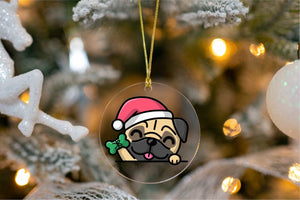 Merry Santa Hat Pug Christmas Tree Ornaments-Christmas Ornament-Christmas, Dogs, Pug-Waving with Santa Hat and Green Bone-4
