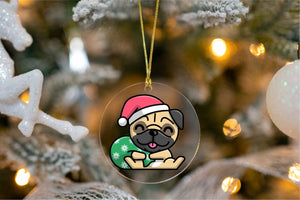 Merry Santa Hat Pug Christmas Tree Ornaments-Christmas Ornament-Christmas, Dogs, Pug-Sitting with Santa Hat and Green Bag-5