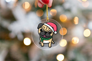 Merry Santa Hat Pug Christmas Tree Ornaments-Christmas Ornament-Christmas, Dogs, Pug-Standing with Santa Hat and Green Scarf-6