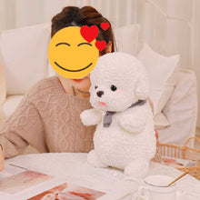 Load image into Gallery viewer, Image of a lady sitting on the table with a super cute Bichon Frise Stuffed Animal