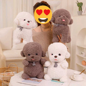 Image of a lady posing with four super cute Bichon Frise Stuffed Animals