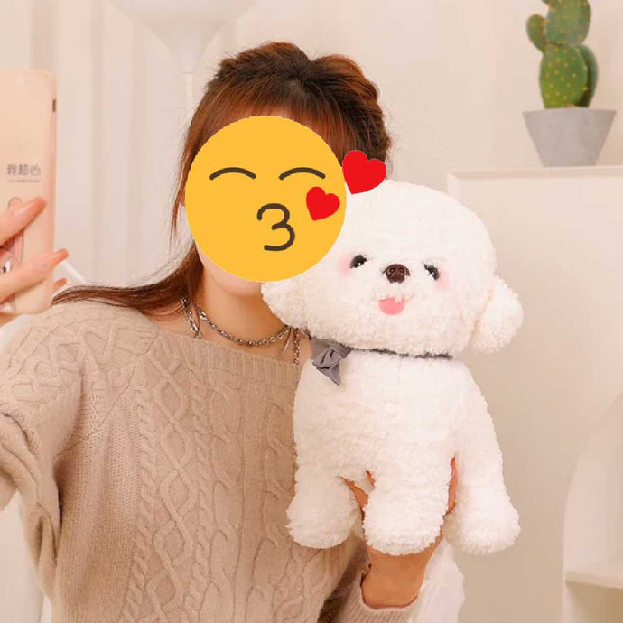 Image of a lady posing with a super cute Bichon Frise Stuffed Animal