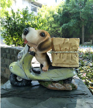 Load image into Gallery viewer, Image of a super cute outdoor beagle statue in the cutest Beagle riding a scooter with a delivery basket design