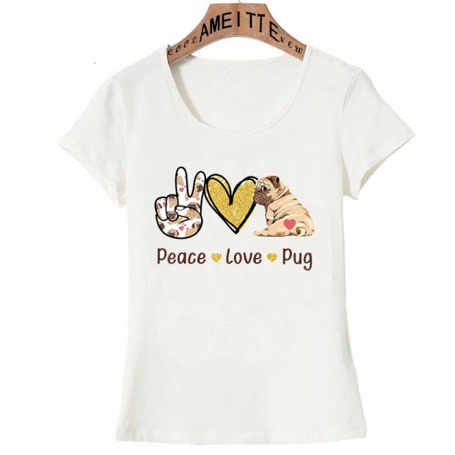 Peace Love and Pugs Womens T Shirt-Apparel-Apparel, Dogs, Pug, T Shirt, Z1-L-1