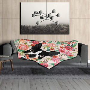 Image of a boston terrier throw blanket on the couch in the peeping Boston Terrier in bloom design