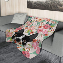 Load image into Gallery viewer, Image of a boston terrier sherpa blanket in the peeping Boston Terrier in bloom design