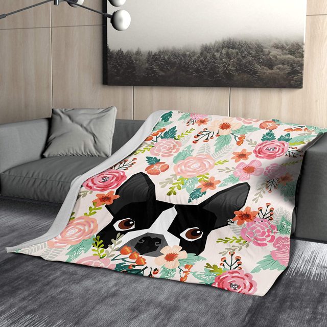 Image of a boston terrier blanket in the peeping Boston Terrier in bloom design