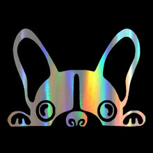 Load image into Gallery viewer, Image of peeping boston terrier car decal in reflective rainbow color