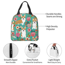Load image into Gallery viewer, Information detail image of an insulated Pembroke Welsh Corgi lunch bag with exterior pocket in bloom design