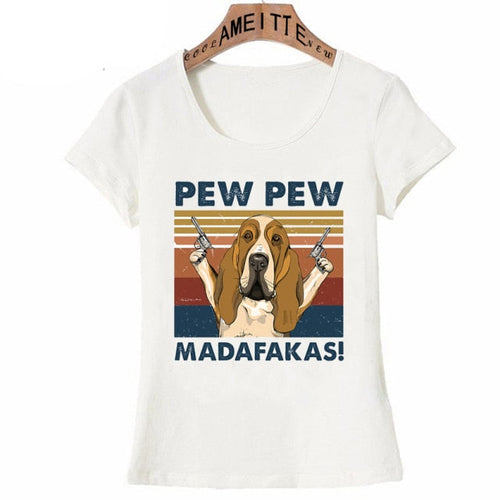 Pew Pew Basset Hounds Womens T Shirts-Apparel-Apparel, Basset Hound, Dogs, T Shirt, Z1-Basset Hound-S-1