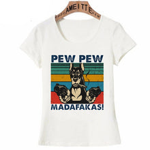 Load image into Gallery viewer, Pew Pew Dobermans Womens T Shirts-Apparel-Apparel, Doberman, Dogs, T Shirt, Z1-Doberman - Black and White - Two Guns-S-2