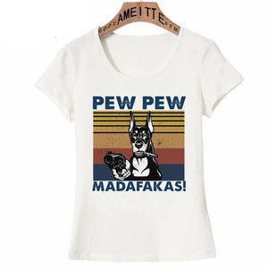 Pew Pew Dobermans Womens T Shirts-Apparel-Apparel, Doberman, Dogs, T Shirt, Z1-Doberman - Black and White - One Gun-XXL-3