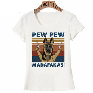 Pew Pew German Shepherds Womens T Shirts-Apparel-Apparel, Dogs, German Shepherd, Shirt, T Shirt, Z1-German Shepherd - Two Guns and Serious Face-S-2