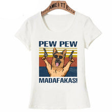 Load image into Gallery viewer, Pew Pew German Shepherds Womens T Shirts-Apparel-Apparel, Dogs, German Shepherd, Shirt, T Shirt, Z1-German Shepherd - Two Guns and Sunglasses-L-1