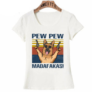Pew Pew German Shepherds Womens T Shirts-Apparel-Apparel, Dogs, German Shepherd, Shirt, T Shirt, Z1-German Shepherd - Two Guns and Sunglasses-L-1