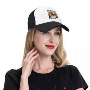 Image of a lady wearing pew pew pug baseball cap in the color black