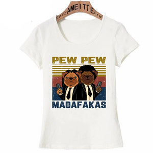 Pew Pew Pulp Fiction Pugs Womens T Shirts-Apparel-Apparel, Dogs, Pug, T Shirt, Z1-2