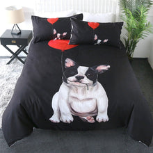 Load image into Gallery viewer, Pied Black and White French Bulldogs Duvet Cover and Pillow Cases Bedding Set-Home Decor-Bedding, Dogs, French Bulldog, Home Decor-Black Background with Heart-Shape Balloon Design-AU King-4