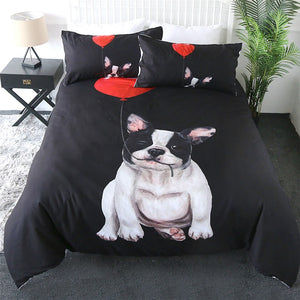 Pied Black and White French Bulldogs Duvet Cover and Pillow Cases Bedding Set-Home Decor-Bedding, Dogs, French Bulldog, Home Decor-Black Background with Heart-Shape Balloon Design-AU King-4