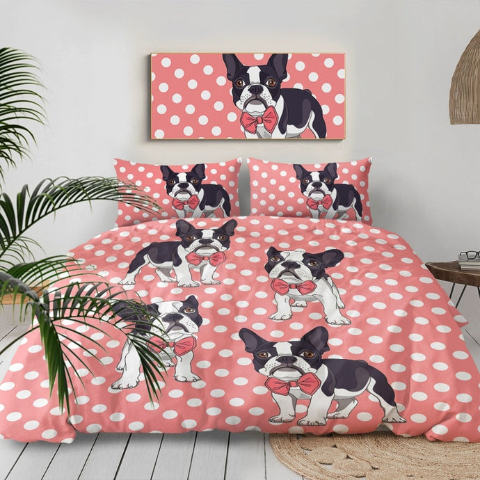 Image of a boston terrier bedding set in the cutest Boston Terriers with a pink and white polka-dotted background design