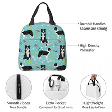 Load image into Gallery viewer, Information detail image of an insulated Border Collie lunch bag with exterior pocket in playful border collie design
